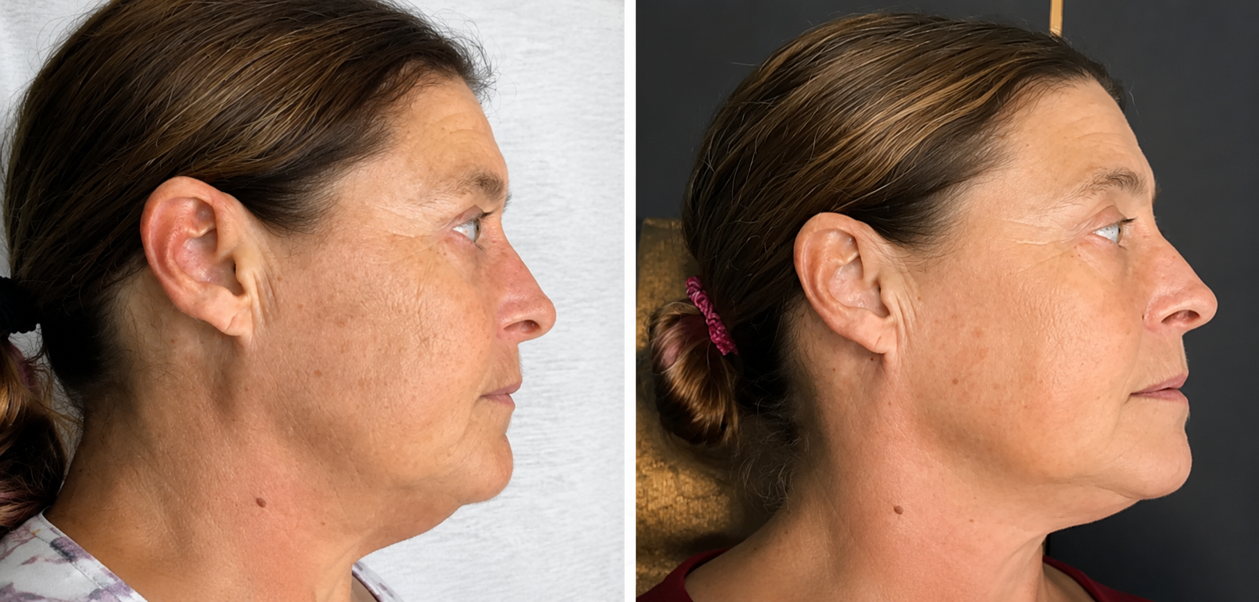Before and after microneedling results showing firmer skin along the jawline