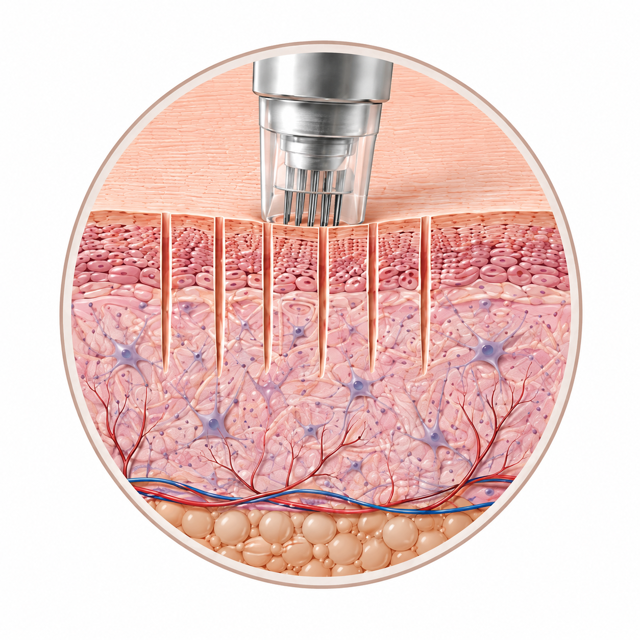 Illustration of a microneedling device creating micro-channels in the skin