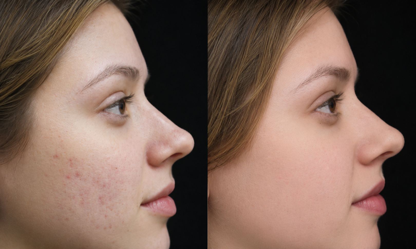 Before and after microneedling results showing clearer skin on the cheek