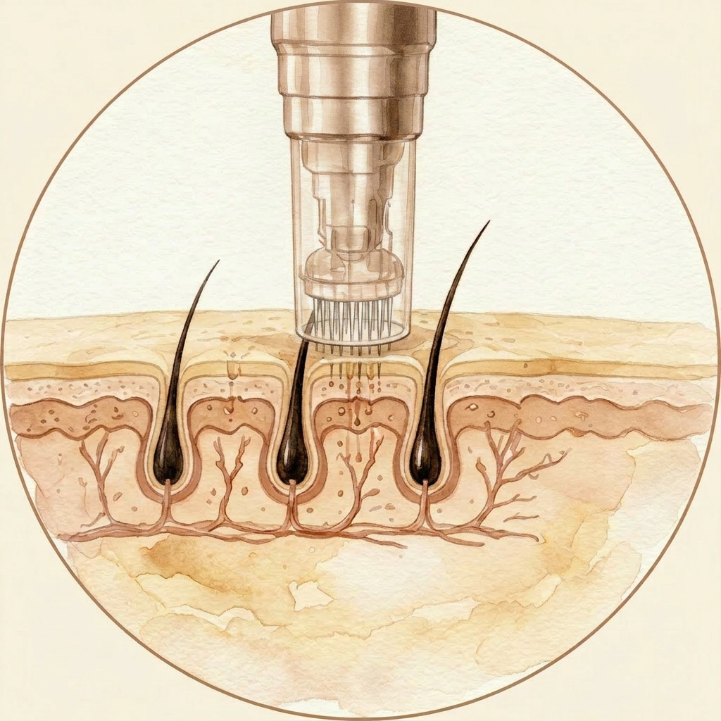 Scalp microneedling device creating controlled micro-channels in the skin