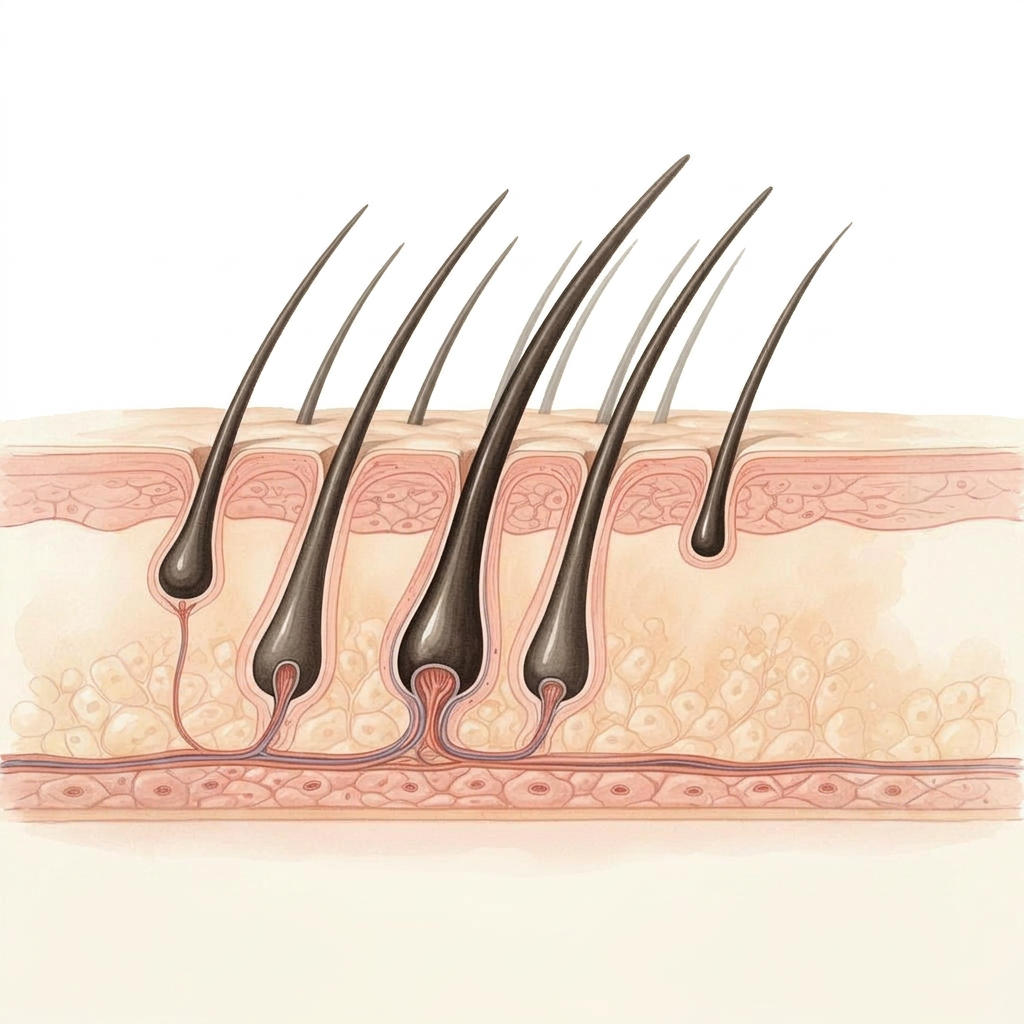 Cross-section showing multiple healthy hair follicles after consistent microneedling treatments